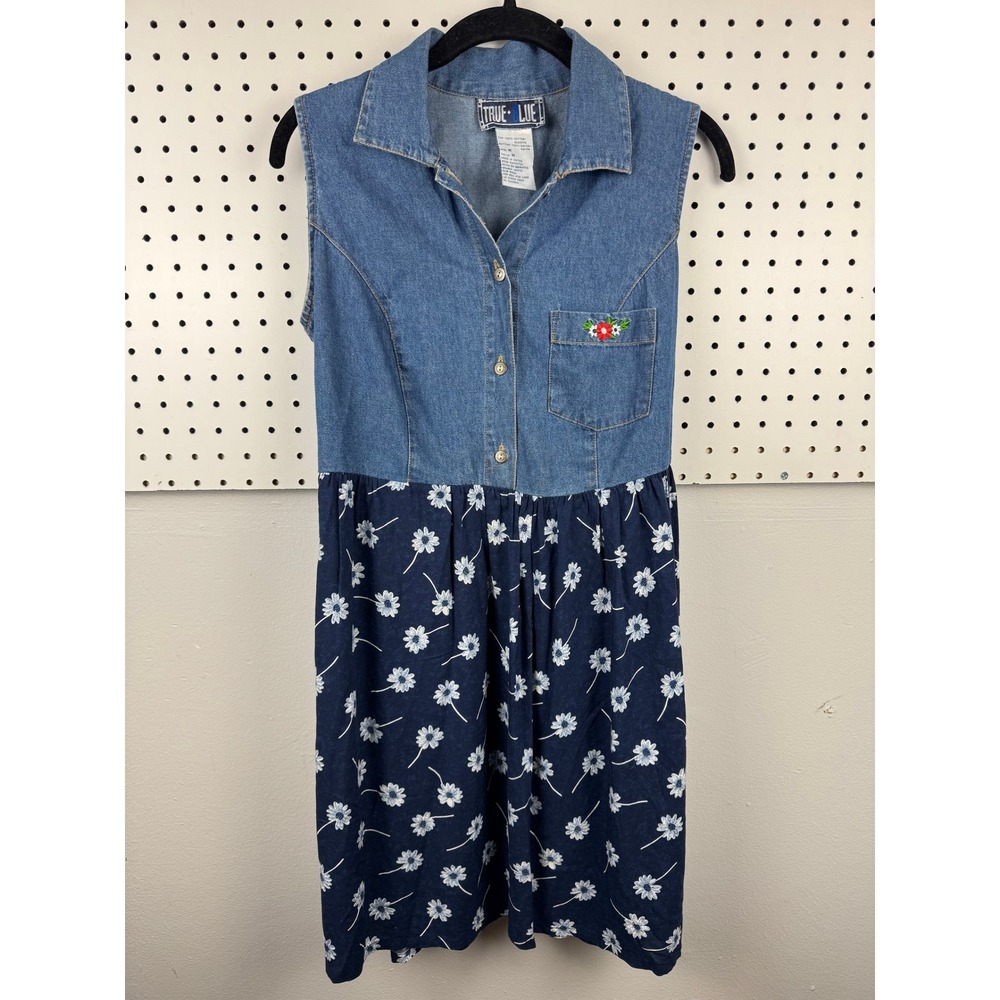 Vtg 90s Butter Mom Cottagecore Denim Floral Tie Back Midi Dress M